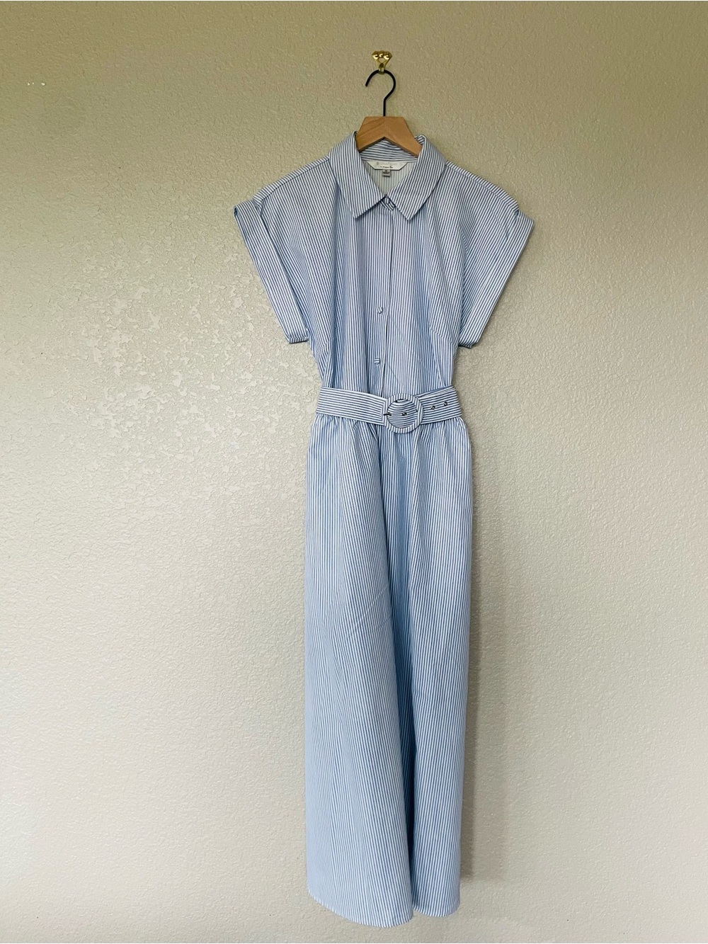 Signature by Robbie Bee Classic Blue and White Striped Button Front Midi Dress